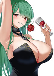  absurdres arm_up armpits azur_lane between_breasts black_dress breasts cleavage clothes_between_breasts cocktail_dress commentary_request cup dress drinking_glass evening_gown female flower flower_in_mouth green_hair highres large_breasts littorio_(azur_lane) littorio_(calabria_aurea)_(azur_lane) long_dress looking_at_viewer mouth_hold official_alternate_costume red_flower red_rose rose smile soul_(dp11) upper_body white_background wine_glass 