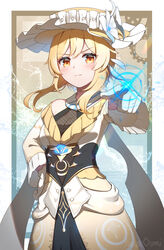  alternate_costume blonde_hair breasts cleavage commentary_request doyagao dress feather_hair_ornament feathers female frilled_dress frilled_hat frills genshin_impact gloves gradient_dress hair_between_eyes hair_ornament hand_on_own_hip hat highres kana_ami long_sleeves looking_at_viewer lumine_(genshin_impact) orange_eyes pointing pointing_at_viewer see-through see-through_cleavage short_hair short_hair_with_long_locks sidelocks smug solo sun_hat v-shaped_eyebrows white_gloves 