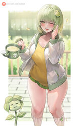  ;d bad_id bad_pixiv_id blurry blurry_background blush blush_stickers breasts character_request cleavage commentary_request depth_of_field feet_out_of_frame female flower food-themed_hair_ornament green_eyes green_hair hair_between_eyes hair_ornament hands_up highres holding jacket kneehighs large_breasts long_sleeves looking_at_viewer melon_hair_ornament one_eye_closed open_clothes open_jacket puffy_long_sleeves puffy_sleeves ribbed_socks shirt short_hair smile socks solo sparkle standing suou-sensei trickcal watering_can watermark web_address white_jacket white_socks yellow_shirt 