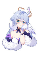  absurdres bare_shoulders blue_hair blush breasts cleavage dress feather_boa female ff2074 gloves green_eyes hair_intakes halo head_wings highres holding honkai:_star_rail honkai_(series) long_hair looking_at_viewer medium_breasts parted_lips robin_(honkai:_star_rail) simple_background smile solo strapless upper_body white_background white_dress white_gloves wings 