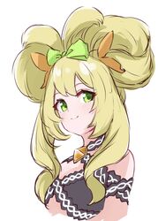  alternate_hairstyle bare_shoulders blonde_hair blush bow celine_(fire_emblem) commentary female fire_emblem fire_emblem_engage green_bow green_eyes hairbow highres lillian8710 long_hair looking_at_viewer simple_background smile solo upper_body white_background 