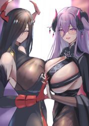  2girls absurdres azur_lane bare_shoulders black-framed_eyewear black_dress black_hair black_horns blush breast_press breasts closed_mouth curled_horns dress friedrich_carl_(azur_lane) friedrich_der_grosse_(azur_lane) from_side gloves hair_over_one_eye highres horns interlocked_fingers large_breasts long_bangs long_hair long_sleeves looking_at_viewer mole mole_under_mouth multiple_girls namazake purple_eyes purple_hair red_gloves red_horns smile symmetrical_docking very_long_hair wide_sleeves 