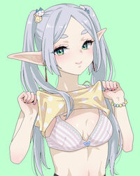  blush bra bracelet breasts character_hair_ornament chiikawa chiikawa_(character) clothes_lift commentary_request earrings elf female frieren green_background green_eyes grey_hair hachiware_(chiikawa) hair_ornament jewelry karube_guri lifting_own_clothes long_hair looking_at_viewer multicolored_nails pointy_ears shirt shirt_lift simple_background small_breasts smile solo sousou_no_frieren underwear upper_body usagi_(chiikawa) 