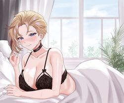  bed_sheet black_bra black_choker blonde_hair blue_nails bra breasts chinoa choker cleavage commission curtains earrings english_commentary female highres honkai:_star_rail honkai_(series) indoors jewelry lace lace_bra large_breasts nail_polish second-party_source short_hair siobhan_(honkai:_star_rail) solo topless underwear window 