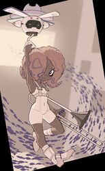  agent_8_(splatoon) agent_8_(splatoon)_(cosplay) armpits blurry blurry_background bodysuit boots breasts cleavage cosplay covered_navel critatonic dark-skinned_female dark_skin drone female fish full_body highres holding_trombone instrument multicolored_hair muted_color octoling orange_hair pearl_drone_(splatoon) purple_eyes simple_background solo splatoon_(series) splatoon_3 splatoon_3:_side_order tao_blu_(splatoon) trombone white_bodysuit white_footwear 