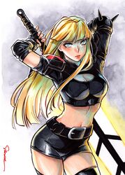  asymmetrical_clothes belt blonde_hair blue_eyes blunt_bangs boots cleavage_cutout clothing_cutout elbow_spikes female highleg_shorts highres holding holding_sword holding_weapon huge_weapon illyana_rasputina long_hair magik_(x-men) marker_(medium) marvel midriff navel sao_(saowee) short_shorts shorts solo sword thigh_boots traditional_media weapon x-men 