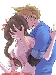  1boy aerith_gainsborough aerith_gainsborough_(floral_delight) amemori_0207 black_shirt blue_eyes blue_shirt cloud_strife cloud_strife_(ocean_chocobo) earrings female final_fantasy final_fantasy_vii final_fantasy_vii_rebirth final_fantasy_vii_remake flower forceful_kiss frilled_sleeves frills hair_flower hair_ornament hair_ribbon hand_in_another&#039;s_hair hand_on_another&#039;s_neck highres jewelry midriff official_alternate_costume pink_flower pink_ribbon pink_shirt pink_skirt ribbon shirt shirt_under_shirt single_earring skirt sleeves_rolled_up straight twitter_username upper_body white_background 