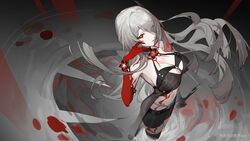  acheron_(honkai:_star_rail) bare_shoulders black_choker black_coat black_gloves black_shorts body_markings boots breasts choker cleavage coat coattails detached_sleeves female flower gloves hair_over_one_eye highres holding holding_sword holding_weapon honkai:_star_rail honkai_(series) kubing_aaa long_hair looking_at_viewer midriff miyoushe_watermark navel official_alternate_color official_alternate_hair_color red_eyes red_flower short_shorts shorts solo standing stomach sword thigh_boots water weapon white_hair 