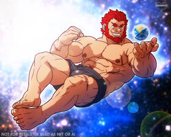  1boy bara barefoot beard earth_(planet) facial_hair fate/grand_order fate_(series) full_beard giant giant_male iskandar_(fate) leomon32 male_focus male_underwear muscular muscular_male planet red_hair scar smirk solo space topless_male underwear 