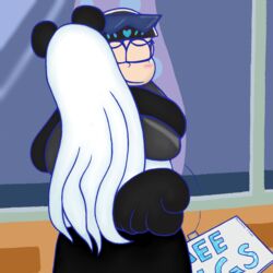  1:1 anthro bear black_body black_fur blush bodily_fluids closed_eyes clothed clothing crying digital_media_(artwork) duo english_text eyebrows eyewear eyewear_on_head female from_the_back fur fur_markings giant_panda hair hug human interspecies karamatsu_matsuno lunarpanda8686 male male/female male_human/female_anthro mammal markings mika_(lunarpanda8686) mr._osomatsu round_ears sign simple_background slightly_chubby store sunglasses sunglasses_on_head tail tail_motion tailwag tears tears_of_joy tears_on_cheek text white_body white_fur white_hair window 