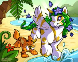  2024 accessory alicorn ambiguous_feral ambiguous_gender beach canid cel_shading doglefox domestic_pet duo equid equine fan_character female female_feral feral ferwanwan flower flower_in_hair fur furries_with_pets green_hair hair hair_accessory happy hi_res hooves horn island_neopet leaf looking_down mammal markings mythological_creature mythological_equine mythology neopet_(species) neopets palm_tree petpet_(neopets) plant purple_eyes quadruped shaded smile tail tree tropical tusks uni_(neopets) water watermark white_body white_fur wings yellow_markings 