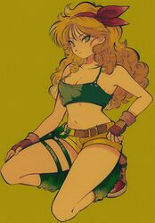  bare_shoulders blonde_hair boots breasts crop_top curly_hair dragon_ball dragon_ball_(classic) female film_grain fingerless_gloves gloves green_background green_eyes green_tank_top hairband highres holster leg_holster long_hair looking_at_viewer lunch_(bad)_(dragon_ball) lunch_(dragon_ball) medium_breasts midriff navel on_one_knee pikurusu short_shorts shorts smile solo tank_top thigh_holster yellow_shorts 