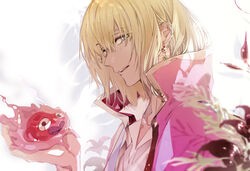  1boy blonde_hair blue_eyes calcifer cape collared_shirt commentary_request earrings flower hair_between_eyes high_collar holding howl_(howl_no_ugoku_shiro) howl_no_ugoku_shiro jewelry looking_at_viewer male_focus open_mouth print_cape red_flower shirt simple_background sparkle suou_(sdurorhr) upper_body white_background white_shirt 