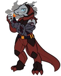  2021 4:5 absurd_res alien alpha_channel anthro armor blue_eyes cigarette colored fire grey_body grey_scales head_spines hi_res ikeshti lizard male metal_arm nanites red_armor reptile scales scalie simple_background smile smoke smoking solo starfinder_(rpg) transparent_background trout_(artist) 