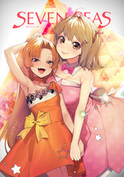  2girls :d absurdres ahoge armpits back_bow bare_arms bare_shoulders blonde_hair blurry blurry_background bow bowtie choker closed_mouth commentary_request cover dated depth_of_field detached_collar dress highres holding_hands jewelry looking_at_viewer magazine_cover mermaid_melody_pichi_pichi_pitch multiple_girls nanami_lucia necklace oerba_yun_fang ohisashiburi open_mouth orange_choker orange_dress orange_eyes orange_hair parted_bangs pink_bow pink_bowtie pink_dress red_eyes seira_(mermaid_melody_pichi_pichi_pitch) short_hair smile standing twintails white_bow 