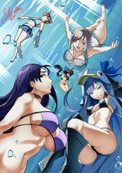  5girls absurdres animal_hood bare_shoulders bikini black_jacket blue_bikini breasts brown_hair cleavage detached_sleeves double_bun eyepatch_bikini fate/grand_order fate_(series) frankenstein&#039;s_monster_(fate) frankenstein&#039;s_monster_(swimsuit_saber)_(fate) frankenstein&#039;s_monster_(swimsuit_saber)_(second_ascension)_(fate) goggles goggles_on_head hair_bun hair_over_one_eye highres hood hood_up horns huge_breasts jacket large_breasts light_purple_hair long_hair looking_at_viewer mash_kyrielight mash_kyrielight_(swimsuit_of_perpetual_summer_ver.02) mechanical_horns medium_breasts meltryllis_(fate) meltryllis_(swimsuit_lancer)_(fate) meltryllis_(swimsuit_lancer)_(first_ascension)_(fate) minamoto_no_raikou_(fate) minamoto_no_raikou_(swimsuit_lancer)_(fate) multiple_girls navel official_alternate_costume open_mouth osakabehime_(fate) osakabehime_(swimsuit_archer)_(fate) osakabehime_(swimsuit_archer)_(second_ascension)_(fate) parted_bangs penguin_hood prosthesis prosthetic_leg purple_bikini purple_eyes purple_hair shiki_(love-saber) short_hair signature single_detached_sleeve single_horn smile swimming swimsuit underwater very_long_hair 