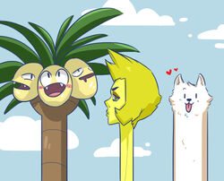  :d alolan_exeggutor alolan_form black_eyes blonde_hair blue_sky blush canine cloud cloudy_sky creature crossover day face fangs female gen_7_pokemon heart lesser_dog long_neck looking_at_viewer no_humans open_mouth outdoors pokemon pokemon_(creature) short_hair sky smile steven_universe tonestarr tongue tongue_out trait_connection undertale yellow_diamond_(steven_universe) yellow_eyes yellow_skin 