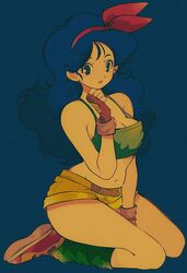  bare_shoulders blue_background blue_eyes blue_hair boots breasts crop_top curly_hair dragon_ball dragon_ball_(classic) female film_grain fingerless_gloves gloves green_tank_top hairband highres long_hair looking_at_viewer lunch_(dragon_ball) lunch_(good)_(dragon_ball) medium_breasts midriff navel pikurusu short_shorts shorts sitting solo tank_top yellow_shorts 