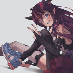  asymmetrical_legwear black_pantyhose blue_eyes blue_footwear breasts commentary english_commentary female hair_behind_ear heterochromia highres hololive hololive_english horns inward_v irys_(hololive) irys_(irys_1.0)_(hololive) kiirokuma long_hair looking_at_viewer mismatched_legwear pantyhose pointy_ears purple_eyes purple_hair purple_skirt shoes single_leg_pantyhose skirt small_breasts smile sneakers solo thighhighs velcro_footwear virtual_youtuber white_legwear 