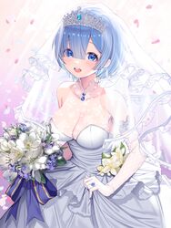  :d absurdres alternate_costume bare_shoulders blue_eyes blue_gemstone blue_hair blush bob_cut bouquet breasts bridal_gauntlets bridal_veil bud cleavage cowboy_shot crown diadem dress dress_flower elbow_gloves female floral_print flower flower_request forget-me-not_(flower) frills gem glint gloves hair_over_one_eye happy highres holding holding_bouquet jewelry lace lace_gloves large_breasts leaning_forward looking_at_viewer open_mouth ornate_ring petals purple_flower re:zero_kara_hajimeru_isekai_seikatsu rem_(re:zero) ring see-through short_hair skirt_hold smile solo strapless strapless_dress teeth tulip upper_teeth_only veil wedding_dress wedding_ring white_dress white_flower white_gloves white_tulip yuri_(chocho_q) 