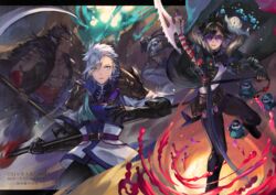  4boys axe bakuro_(pixiv_fantasia_age_of_starlight) belt black_hair black_pants blue_eyes copyright_name dark-skinned_male dark_skin holding holding_weapon male_focus melchor_of_the_singing_sand multiple_boys pants pixiv_fantasia pixiv_fantasia_age_of_starlight poison_(pixiv_fantasia_age_of_starlight) red_eyes seal_(animal) tiger_fang_thistle tinted_eyewear uonomeuroko weapon white_hair 