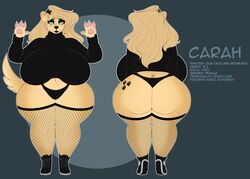  4_fingers accessory anthro ass big_breasts big_butt biped bird_dog blonde_hair blue_eyes bow_(feature) bow_accessory bow_ribbon breasts canid canine canis carah_(smoreflavored) clothed clothing curvy_figure digital_drawing_(artwork) digital_media_(artwork) domestic_dog female fingers front_and_back front_view fur golden_retriever hair hair_accessory hair_ribbon hairbow hi_res huge_breasts hunting_dog hyper hyper_breasts lips long_hair lunarclaws mammal model_sheet neck_tuft rear_view retriever ribbons simple_background solo standing text thick_thighs topwear tuft underwear voluptuous wide_hips yellow_body yellow_fur 