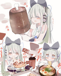  absurdres aqua_hair aqua_necktie black_bow blue_eyes blush_stickers boned_meat bow box chopsticks closed_eyes commentary cup disposable_cup dress drooling eating egg_(food) fast_food female food gloves glutton hairbow hand_on_own_cheek hand_on_own_face hatsune_miku headphones highres holding holding_chopsticks holding_food holding_pizza long_hair magical_mirai_(vocaloid) magical_mirai_miku magical_mirai_miku_(2016) mcdonald&#039;s meat mouth_drool multiple_views necktie noodles open_mouth pizza pizza_box ramen short_necktie sleeveless sleeveless_dress smile steam syare_0603 symbol-only_commentary translated twintails very_long_hair vocaloid white_dress white_gloves 