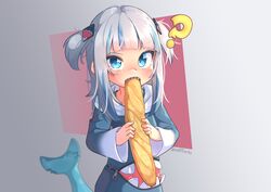  ? animal_costume baguette blue_eyes blue_hair blunt_bangs bread female fins fish_tail food food_in_mouth gawr_gura gawr_gura_(1st_costume) grey_hair hair_ornament highres hololive hololive_english hood hoodie kiirokuma long_sleeves looking_at_viewer medium_hair multicolored_hair open_mouth shark_costume shark_girl shark_tail sharp_teeth solo streaked_hair tail teeth two_side_up virtual_youtuber wide_sleeves 