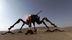  1other 3d autodesk_3ds_max_(medium) commentary day desert english_commentary full_body helmet hexapod highres long_sleeves mecha melkorius military military_uniform military_vehicle motor_vehicle non-humanoid_robot outdoors robot soldier solo sora_no_woto spider_tank standing takemikazuchi tank uniform walker_(robot) 