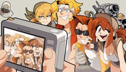  3boys 3girls absurdres aikawa_rumi alien artist_name bandana blonde_hair breasts brown_hair camera cleavage cleft_chin commentary exhaust_pipe fingerless_gloves fio_germi glasses gloves grey_gloves group_picture hat headband highres inker_comics kasamoto_eri looking_at_viewer marco_rossi mars_people metal_slug military_vehicle motor_vehicle multiple_boys multiple_girls no_eyewear open_mouth pointy_nose pov prisoner_of_war_(metal_slug) smile spacecraft sv001_(metal_slug) taking_picture tank tank_top tarma_roving thick_lips thumbs_up twitter_username ufo v vest 