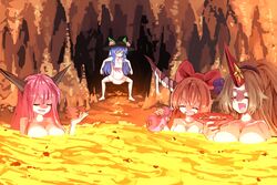  4girls :d ^_^ bangs barefoot bathing beckoning blonde_hair blue_hair bow breasts broom cave cleavage closed_eyes collarbone commentary_request gourd highres hinanawi_tenshi holding holding_broom horn_bow horn_ornament horn_ribbon horns hoshiguma_yuugi ibaraki_douji_(touhou) ibuki_suika long_hair looking_at_another molten_rock multiple_girls naked_towel nude object_on_head oerba_yun_fang oni oni_horns onsen open_mouth orange_hair partially_submerged pink_hair ribbon single_horn smile stalactite stalagmite standing sunnysideup touhou towel 