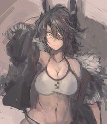  abs arm_up bikini black_hair black_jacket breasts closed_mouth eyepatch female fur-trimmed_jacket fur_trim grey_background hair_between_eyes headgear highres jacket kantai_collection large_breasts long_sleeves medium_hair moor official_alternate_costume open_clothes open_jacket simple_background solo swimsuit tenryuu_(kancolle) tenryuu_(swimsuit_mode)_(kancolle) toned upper_body white_bikini yellow_eyes 