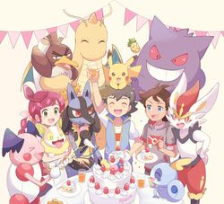  2boys antenna_hair arm_up bangs berry_(pokemon) blue_eyes brown_hair cake cake_slice chloe_(pokemon) cinderace closed_eyes commentary_request cookie cup dragonite eyelashes female food fork galarian_farfetch&#039;d galarian_form gen_1_pokemon gen_4_pokemon gen_8_pokemon gengar glass goh_(pokemon) hair_ornament highres holding holding_cup holding_fork holding_pokemon long_hair lucario mei_(maysroom) mr._mime multiple_boys open_mouth party_popper pikachu plate pokemon pokemon_(anime) pokemon_(creature) pokemon_swsh_(anime) red_hair satoshi_(pokemon) shirt short_sleeves sleeveless sleeveless_jacket smile sobble teeth tongue white_shirt yamper 