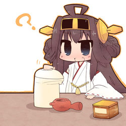  ? ahoge black_eyes braid brown_hair chibi commentary_request detached_sleeves female hairband japanese_clothes kantai_collection kongou_(kancolle) long_hair lowres luu oerba_yun_fang open_mouth side_handle_teapot solo tea teapot water_boiler wide_sleeves 