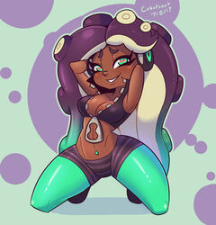  2017 animal_humanoid breasts cephalopod cephalopod_humanoid cleavage clothed clothing cobatsart curvy_figure dark_body dark_skin electronics female hair half-closed_eyes headphones hi_res hourglass_figure humanoid marina_(splatoon) marine marine_humanoid markings midriff mole_(marking) mollusk mollusk_humanoid narrowed_eyes navel navel_piercing navel_stud nintendo octarian octoling open_mouth piercing pseudo_hair simple_background small_waist smile solo splatoon suction_cup tentacle tentacle_hair wide_hips 