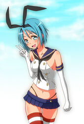  :d blue_eyes blue_hair blush body_blush bow commentary_request cosplay elbow_gloves female gloves hairbow highleg highleg_panties kantai_collection mahou_shoujo_madoka_magica mahou_shoujo_madoka_magica_(anime) midriff miki_sayaka navel open_mouth panties shimakaze_(kancolle) shimakaze_(kancolle)_(cosplay) short_hair skindentation smile solo striped_clothes striped_thighhighs thigh_gap thighhighs underwear v xxxx zettai_ryouiki 