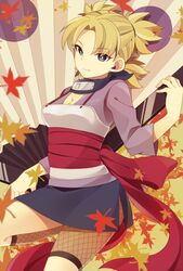  autumn_leaves blonde_hair breasts cleavage closed_mouth commentary_request eyes_visible_through_hair falling_leaves female fishnets folding_fan hand_fan hand_up headband_around_neck japanese_clothes leaf light_smile long_hair long_sleeves looking_at_viewer miniskirt naruto naruto_(series) obi parted_bangs quad_tails saku_anna sash side_slit skirt solo sunagakure_symbol temari_(naruto) 