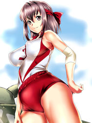  adjusting_buruma adjusting_clothes bad_anatomy breasts brown_eyes brown_hair buruma commentary_request female from_side girls_und_panzer gym_uniform headband highres impossible_clothes impossible_shirt judge_(oekaki) kondou_taeko large_breasts long_hair shirt sleeveless sleeveless_shirt smile solo sportswear thighs volleyball_uniform 