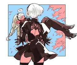  ! 2b_(nier:automata) 2girls absurdres back_cutout bad_id bad_twitter_id black_dress black_gloves blush boots braid carrying clothing_cutout commentary dress english_commentary feather-trimmed_sleeves from_behind gloves hairband heart highres kohiu looking_at_another low_twintails multiple_girls nier:automata nier_(series) operator_6o princess_carry puffy_sleeves short_hair spoken_exclamation_mark spoken_heart thigh_boots thighhighs tree twin_braids twintails veil white_hair yuri 