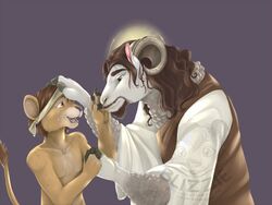  2013 4:3 alternate_species anthro bandage beard blindfold blizzieart bodily_fluids bovid brown_body brown_eyes brown_fur brown_hair caprine claws clothed clothing crying domestic_sheep duo english_text facial_hair felid fur furrification grey_background hair hand_holding happy horn jesus_christ lion lol_comments long_hair male mammal nude open_mouth orange_eyes pantherine pawpads purple_background raised_tail religion robe sheep simple_background size_difference smile tail tears text watermark white_body white_fur 