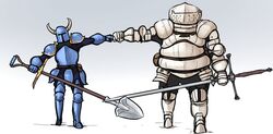  2boys armor crossover dark_souls_(series) dark_souls_i fake_horns fist_bump full_armor full_body gradient_background helmet horned_helmet horns male_focus multiple_boys scathegrapes shovel shovel_knight shovel_knight_(character) siegmeyer_of_catarina sword weapon white_background zweihander 