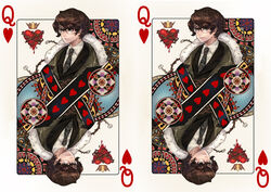  1boy brown_hair card card_(medium) commentary_request crown glasses heart james_bond_(series) male_focus necktie olivia_(yh) photoshop_(medium) plant playing_card q_(james_bond) skyfall solo thorns upper_body vines 