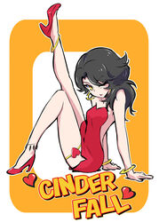  anklet betty_boop betty_boop_(series) black_hair bracelet cinder_fall commentary dress earrings english_text female heart high_heels highres iesupa jewelry long_hair looking_at_viewer one_eye_closed red_footwear rwby shoes sleeveless sleeveless_dress solo yellow_eyes 