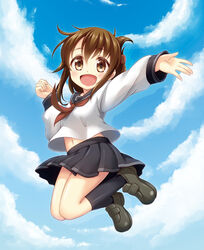  :d blush brown_eyes brown_hair cloud commentary_request day female folded_ponytail inazuma_(kancolle) jumping kantai_collection kneehighs naoharu_(re_barna) open_mouth photoshop_(medium) pleated_skirt school_uniform serafuku skirt sky smile socks solo 