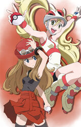  2girls armpits arms_up bad_id bad_pixiv_id bare_shoulders bicycle_helmet bike_shorts black_legwear blonde_hair blue_eyes blush brown_hair eyewear_on_head fingerless_gloves gensei-225 gloves hat helmet highres holding holding_poke_ball inline_skates jumping korrina_(pokemon) long_hair multiple_girls open_mouth pleated_skirt poke_ball poke_ball_(basic) pokemon pokemon_xy ponytail roller_skates serena_(pokemon) skates skirt sleeveless smile sunglasses thighhighs two_side_up 