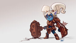  animal_ears armor blue_eyes blue_skin colored_skin female hammer highres kienan_lafferty league_of_legends long_hair poppy_(league_of_legends) shield solo twintails weapon white_hair yordle 