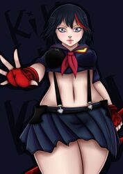  absurdres blue_eyes blue_hair chisana-neko female frown gloves hair_streak highres hips kill_la_kill matoi_ryuuko miniskirt multicolored_hair navel reaching_out sailor_fuku school_uniform scissors serafuku short_hair short_skirt skirt solo suspenders sword thighs weapon 