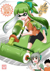  +++ 1boy :d alternate_costume bike_shorts bow brown_hair closed_eyes commentary_request controller dated_commentary female game_console game_controller green_eyes green_hair grey_hair hairbow highres ink_tank_(splatoon) inkling inkling_player_character jewelry kantai_collection monster_girl open_mouth paint_roller playing_games ponytail ring short_hair short_sleeves smile sparkling_eyes splat_roller_(splatoon) splatoon_(series) splatoon_1 tentacle_hair translated wedding_ring wii_u wii_u_gamepad wristband yano_toshinori yuubari_(kancolle) 