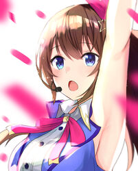  armpits blue_eyes blue_vest bow breasts brown_hair close-up female furai_sen hair_ornament hair_ribbon hairbow hairclip headset highres hololive idol idol_clothes large_breasts long_hair looking_ahead music open_mouth petals pink_bow red_ribbon ribbon shirt singing sleeveless sleeveless_shirt solo star_(symbol) star_hair_ornament tokino_sora tokino_sora_(1st_costume) upper_body vest virtual_youtuber white_shirt 