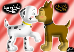  blush canid canine canis chase_(paw_patrol) closed_eyes domestic_dog duo feral jocelynminions kissing male male/male mammal marshall_(paw_patrol) mouth_play paw_patrol raised_leg shocked wide_eyed 